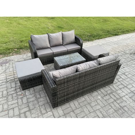 Fimous Gartenmöbel-Sets 8-Sitzer Polyrattan Möbel Sofa Sets mit Rechteckiger Couchtisch 3-Sitzer Sofa 2 hohen Hockern Dunkelgrau Gemischt