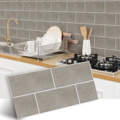 Stickers muraux imperméables motif marbre beige-gris pour cuisine, salle de bain, 8 feuilles (30 x 15 cm), imperméables, pour carrelage et salle de bain. (1/5)