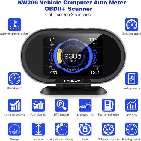 HUD voiture KONNWEI KW206 OBD2 scanner 2-en-1 – Écran couleur 3,5", affichage régime moteur, température eau, vitesse, consommation, diagnostic défaut moteur 12V (1/5)