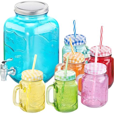 Verres rétro : service de 7 pièces avec distributeur de boissons, 6 verres, style bocal Mason (verres avec couvercles, ensembles de verres avec couvercles, bière) (1/5)