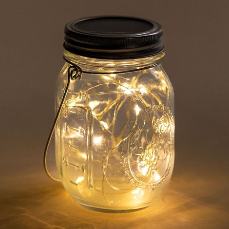 Sklum – Bocal en verre solaire avec guirlande LED – Couvercle en aluminium – Chargement solaire en 8h – Autonomie 6h – Éclairage décoratif extérieur