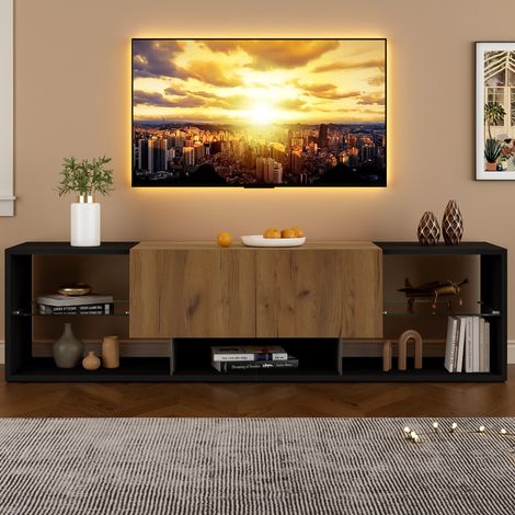 Meuble TV modulable 3 niveaux-Étagères verre-2 tiroirs-Support TV 70"-Noir-160 x 40 x 42cm (1/5)