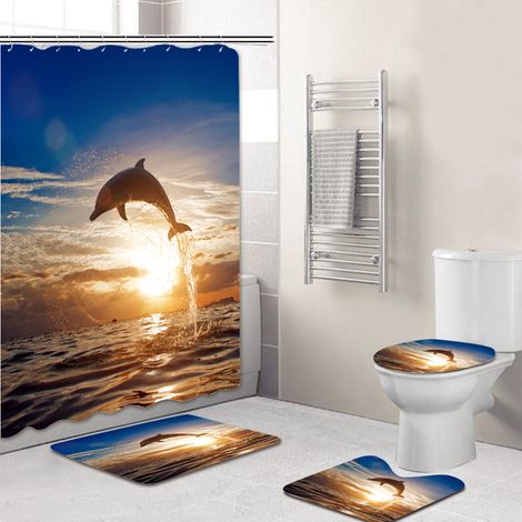 4 rideaux de douche imprimés 3D, imperméables, polyester, serviette et tapis de bain inclus (1/5)