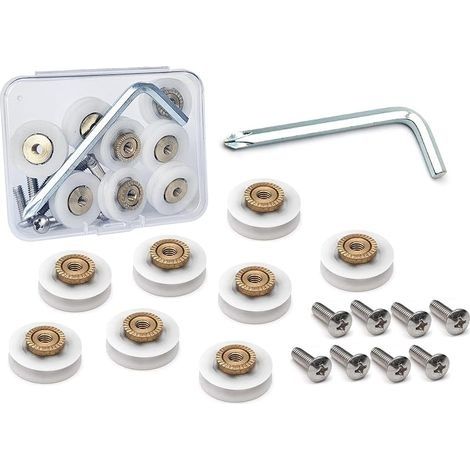 Lot de 8 roulettes de rechange pour porte de douche en acier inoxydable avec vis et kit d'outils dans un coffret en plastique compact (roue de 19 mm de diamètre, classique, option 3) (1/3)