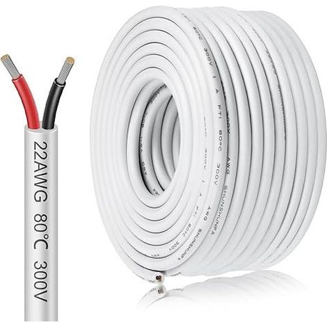22 AWG 2 Core 2 x 0.3 mm² 20 m White Tinned Copper Wire, 5 V/12 V/24 V, 300 V, Flexible Cable for Outdoor Use (1/5)