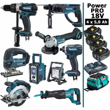 Pack MAKITA Power PRO 9 outils 18V : DDF458 DHR202 DGA504 DTD152 DJV180 DSS610 DJR186 DMR108 DEADML805 + 4 batt 5Ah + sac (1/5)
