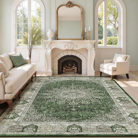 Tapis Vintage pour Salon 120x180 cm - Tissu Ras Court Doux, Lavable en Machine et Antidérapant, Tapis Oriental pour Salle à Manger, Chambre à Coucher et Chambre d'enfants,Vert Vintage (1/5)
