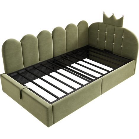 Lit banquette 90 x 190 cm en velours vert avec rangement hydraulique, couronne et grille (1/5)