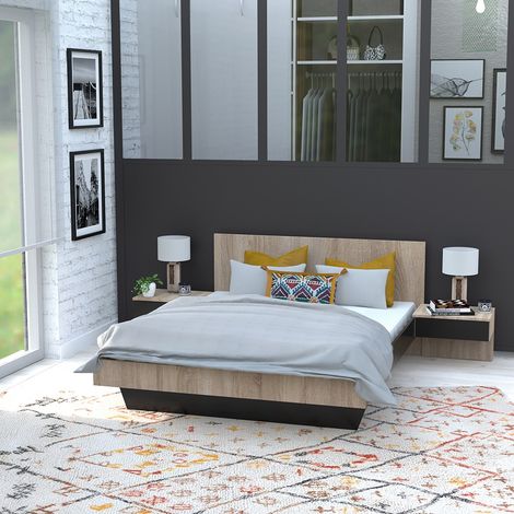 Le Quai Des Affaires – Lit COOL 140x190 cm – Ensemble avec 2 chevets suspendus – Décor chêne blanchi et noir – Structure en panneau de particules – Dimensions 192x234x75 cm (1/5)