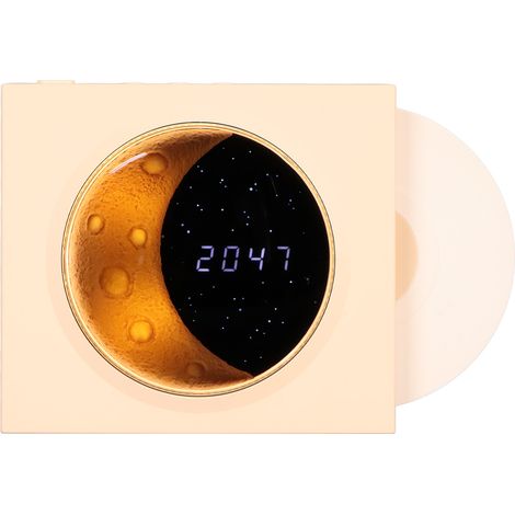 Réveil rétro Bluetooth style tourne-disque vintage avec veilleuse lune et étoiles, jaune, pour la décoration de chambre. (1/5)