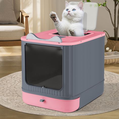 Bac à Litière pour Chats Couvert, Tiroir Amovible, Inclus une Pelle, Double Entrée Frontale et Supérieure avec Couvercle, Démontable, Rose (1/5)
