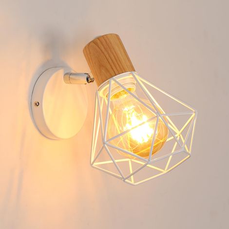 Lampe Murale 350° Bois Métal Fer Blanc E27 Salon Chambre Cuisine (1/5)