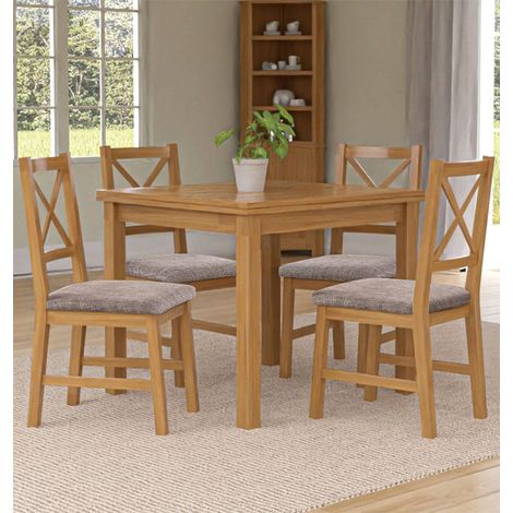 Hallowood Furniture Waverly Oak Rectangular Dining Table and Chairs Set 4, Small Kitchen Extending Table and Chairs with Cross Back and Grey Fabric Padded Seats, Dining Room Sets for Home and Café (1/5)