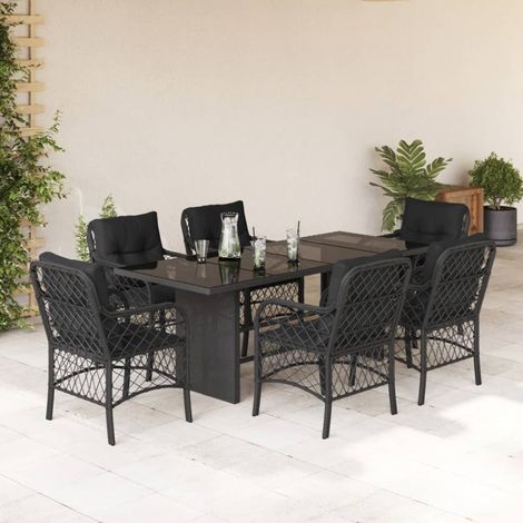 7-tlg. Garten-Essgruppe mit Kissen Schwarz Poly Rattan