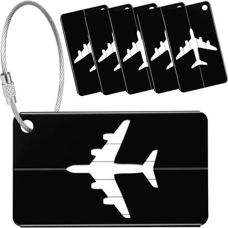 Étiquettes à bagages pour valises, lot de 6 étiquettes en alliage d'aluminium avec boucle en acier pour identification des bagages de voyage (noir) (1/5)