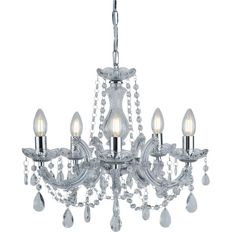 Lustre en cristal 5 ampoules E14 – Fini chromé – Hauteur 32cm – Diamètre 48cm – IP20 – Dimmable – Searchlight (1/5)