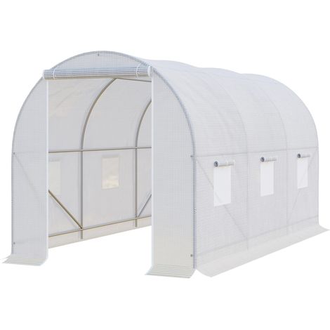 Gewächshaus 350x200x200cm Foliengewächshaus Tomatenhaus mit Tür, Fenster, Folientunnel aus verzinktem Stahl, Pflanztunnel, Treibhaus inkl. Erdanker Seilen, Gartentunnel, Weiß