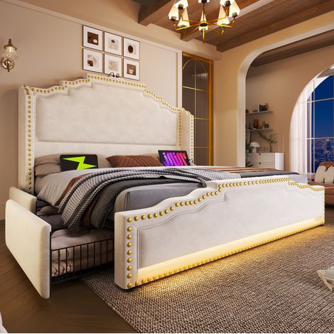 Lit capitonné vintage 180x200 cm en velours beige avec tête de lit, 4 tiroirs, LED, USB-C et sommier à lattes (1/5)