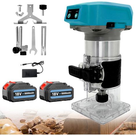 Kabelloses elektrisches Handoberfräsenwerkzeug, kompatibel mit Makita 18-V-Akku, bürstenloser Oberfräsen-Trimmer, professioneller Oberfräsen-Trimmer mit 1/4-Spannzange (2 x 3,0-V-Akku und Ladegerät)