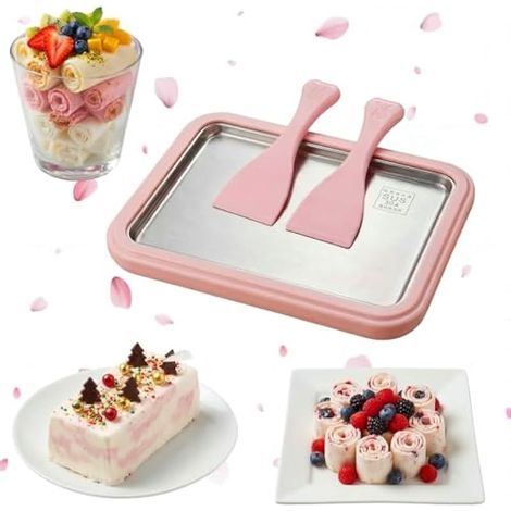Grande machine à glace roulée améliorée 2026 - Plateau en acier inoxydable de qualité alimentaire avec 2 grattoirs, machine à crème glacée portable pour la maison, la famille et les fêtes - Vert (rose