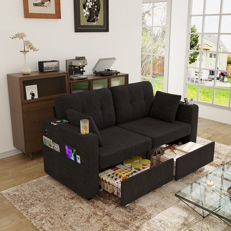 Canapé 2 places en chenille noire 172x75x82 cm avec rangements, ports USB et porte-gobelets (1/5)
