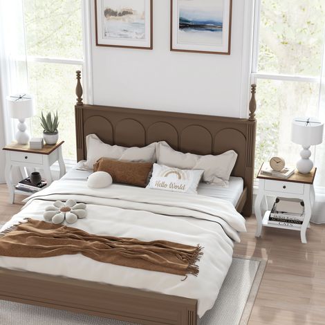 2er-Pack Nachttische mit Schublade, offenem Fach und Tischplatte in Eichenoptik, französischer Stil, 45 x 35 x 55 cm, Weiß und Eiche