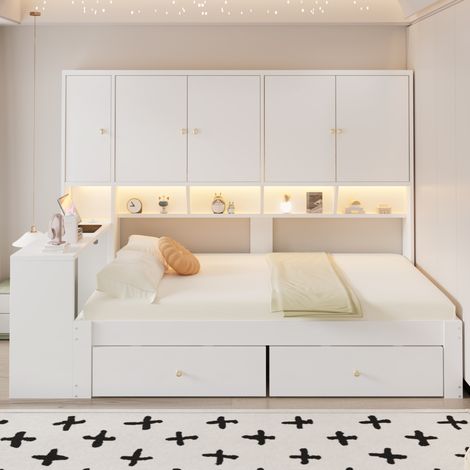 Canapé-lit multifonctionnel en bois 90x200 cm avec éclairage LED, Lit enfant avec bureau, rangements, tiroirs et étagères - Blanc (1/5)