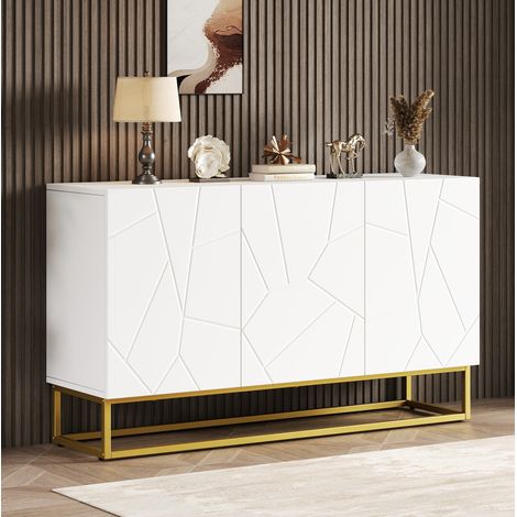 Credenza in truciolare bianco e oro 130 x 38 x 76 cm, 3 ante, ripiani regolabili, frontali lucidi (1/5)