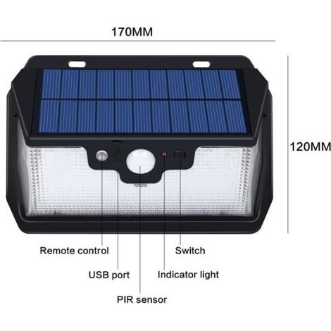 2X 53LED Lampe Solaire Avec Télécommande Charge Solaire/USB Extérieure Eclairage Mural Lanterne de Jardin 800LM (1/4)