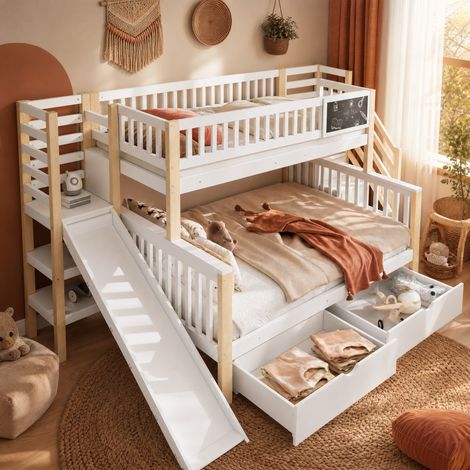 Letto cabana a castello per bambini 140x200 cm e 90x200 cm, con scivolo, scala e vani portaoggetti, bianco (1/5)