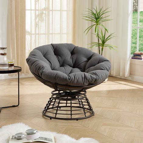 Silla Papasan giratoria 360° de ratán PE con cojín grueso, Ø 92 x H 67 cm, acero, gris, REDOM (1/5)