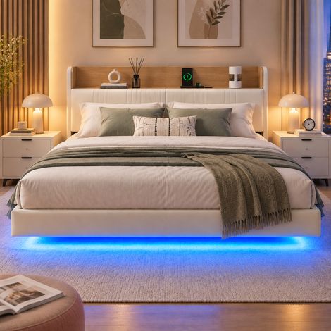 Lit flottant 140x190 cm avec sommier à lattes, Lit double blanc en PU et chêne, LED,ports USB et Type-C, tête de lit avec rangement (1/5)