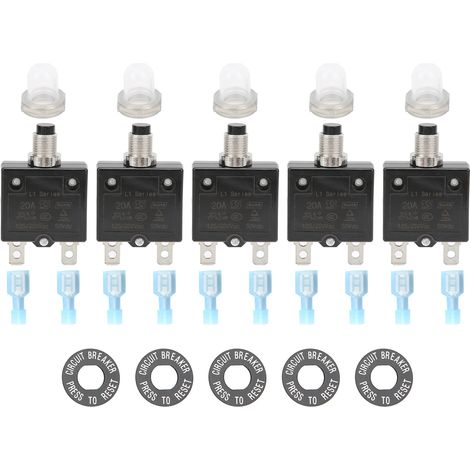 Disjoncteur thermique de surcharge 20A avec bornes à connexion rapide, capuchon étanche, bouton-poussoir, réinitialisation manuelle (1/5)