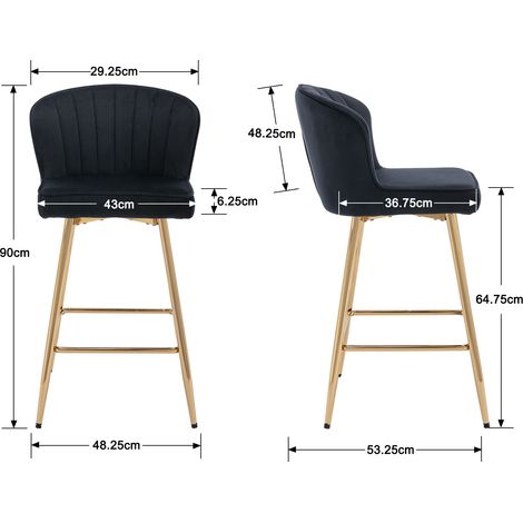 Wahson Lot de 2 tabourets de bar modernes avec dossier – Velours noir – Hauteur d'assise 64.75cm – Structure en métal doré, Noir