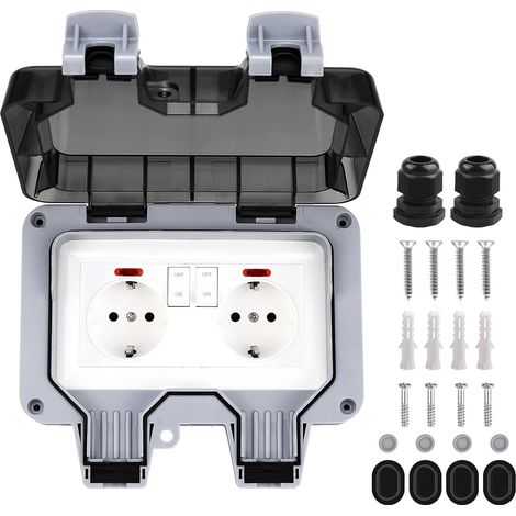 Prise extérieure IP66 étanche, double prise extérieure avec interrupteur, prise de jardin en saillie avec contact de mise à la terre pour pièce humide jardin extérieur, 2 prises avec couvercle (1/5)