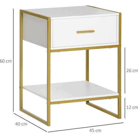 Ensemble de 2 tables de chevet modernes avec tiroirs et étagères ouvertes (MDF et acier, 45x40x60cm, blanc et doré) (1/5)