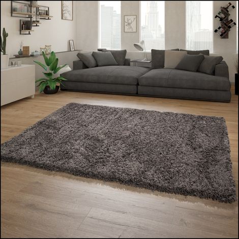 Paco Home Hochflor Teppich Wohnzimmer Shaggy Langflor Modernes Einfarbiges Muster 80x150 cm, Anthrazit