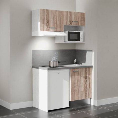 Kitchenette K02L-PT - 120 cm - plan stratifié, évier inox, - Façade Bois - Plan Gris béton - Evier Inox - Crédences Oui + Electroménager inclus coloris Blanc