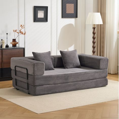 Divano futon pieghevole 185x92.5x60 cm, trasformabile in letto, senza montaggio, velluto a coste, grigio scuro (1/5)