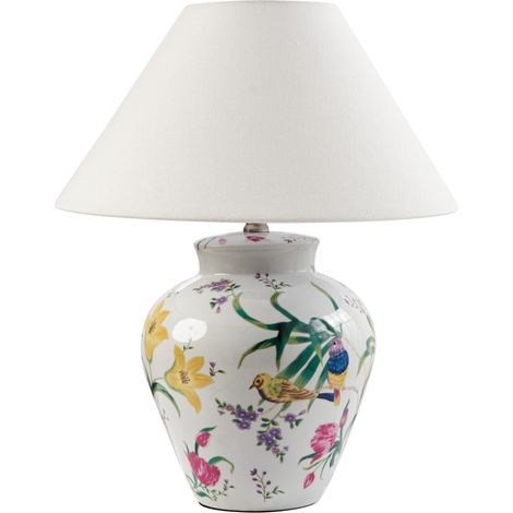 Lámpara de mesa elegante con base de porcelana con diseño floral pantalla de campana de lino iluminación blanco Diogo