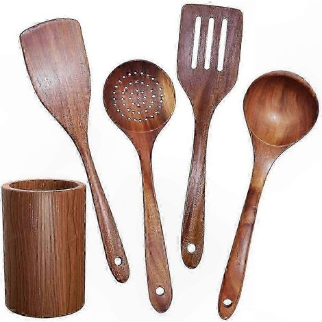 Besteckset aus Naturholz mit antihaftbeschichtetem Topfhalter, passenden Küchenutensilien, komplettes 5-teiliges Set, ergonomische Griffe, ideal für kratzfreies Kochen. (1/5)
