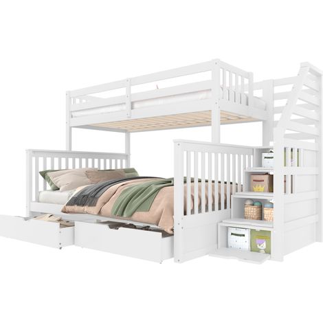 Lit superposé 90 x 200 et 140 x 200 avec tiroirs de rangement, échelle latérale et garde-corps de sécurité, blanc, pour chambre d'enfant - CHICFURN (1/5)
