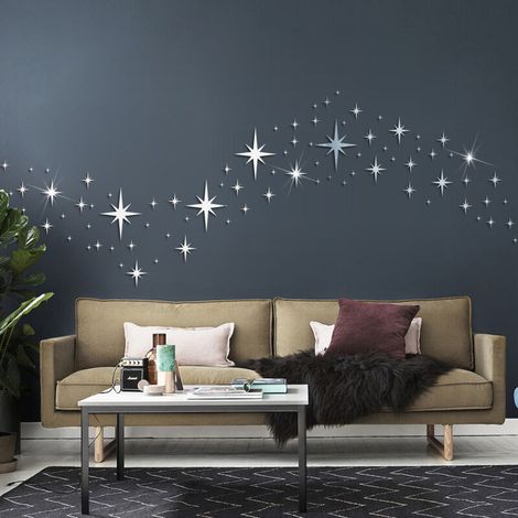 Lntyq Miroir Etoile, 82pcs 3D Stickers Muraux Etoile Argent Amovible Miroir Mural Autocollant Enfant Acrylique Miroir Decoratif Mural Autocollant pour la DéCoration de la Chambre Dans le Salon (Argent