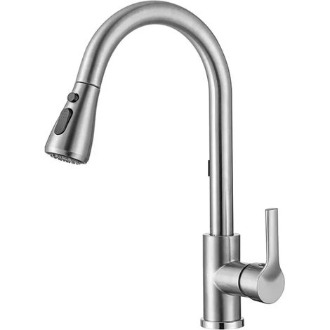 Robinet mitigeur d'évier en acier inoxydable avec douchette extractible, robinet à 2 fonctions pour la vaisselle, finition chromée argentée