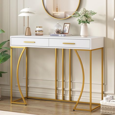 Tavolo consolle 110 cm, con 2 cassetti, cornice in metallo dorato, tavolino da ingresso, mobile per corridoio soggiorno - Bianco