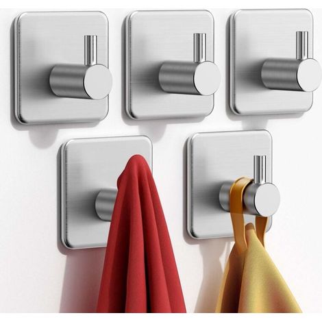 5 Pièces Crochet Adhésif, Porte Serviette, Crochet Mural Salle de Bains En Acier Inox, Crochet Serviette Adhesif Imperméable pour Cuisine, Salon et Bureau (1/4)