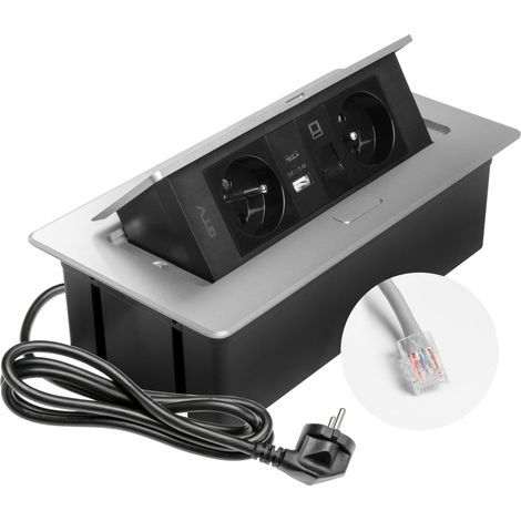 GTV – Presa da incasso MULTISOFT alluminio con 2 prese con messa a terra, USB A+C, RJ45, retrattile con copertura, cavo da 1,5 m, per cucina, ufficio, conferenza e tavolo da lavoro (1/2)
