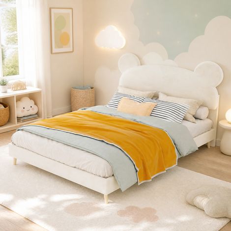 Letto imbottito per cameretta 140x200 cm con testiera a orecchie d'orso beige OKMYHOME (1/5)