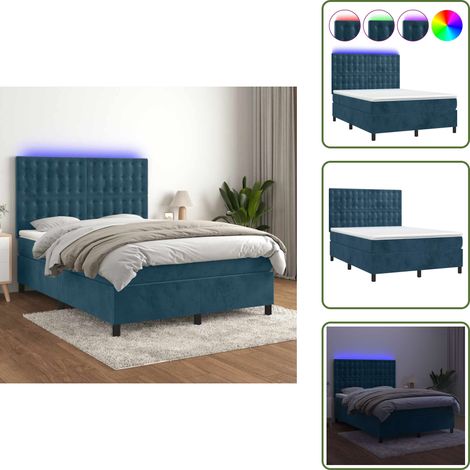 Letto con luci LED - vidaXL Letto a Molle con Materasso e LED Blu Scuro 140x200 cm - Letto con testiera regolabile