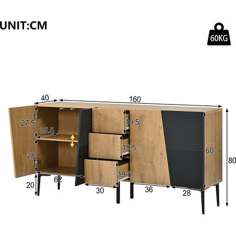 Buffet avec 4 portes et 3 tiroirs, commode pieds métal, grand rangement salon et salle à manger, bois et noir, 160x40x80 cm (1/5)